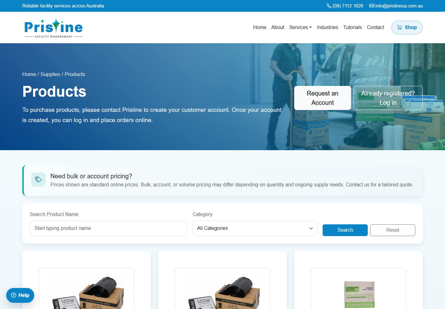 Pristine online product catalogue showing account access, product search and commercial cleaning products
